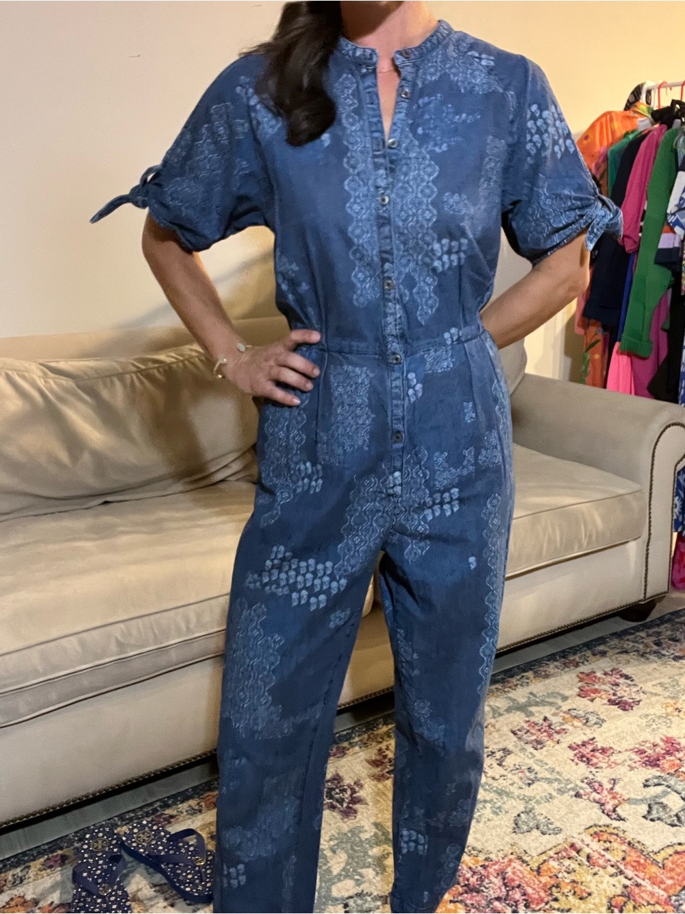 Free People Patterned Denim Jumpsuit